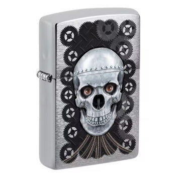 Zippo Reg Brush Finish Chrome Metal Skull Lighter -ZP200 CI018298