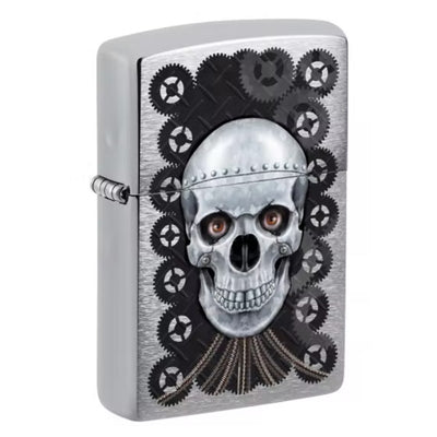 Zippo Reg Brush Finish Chrome Metal Skull Lighter -ZP200 CI018298