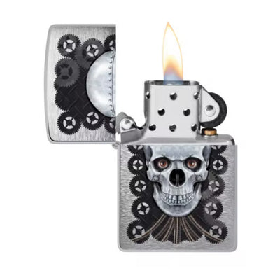 Zippo Reg Brush Finish Chrome Metal Skull Lighter -ZP200 CI018298